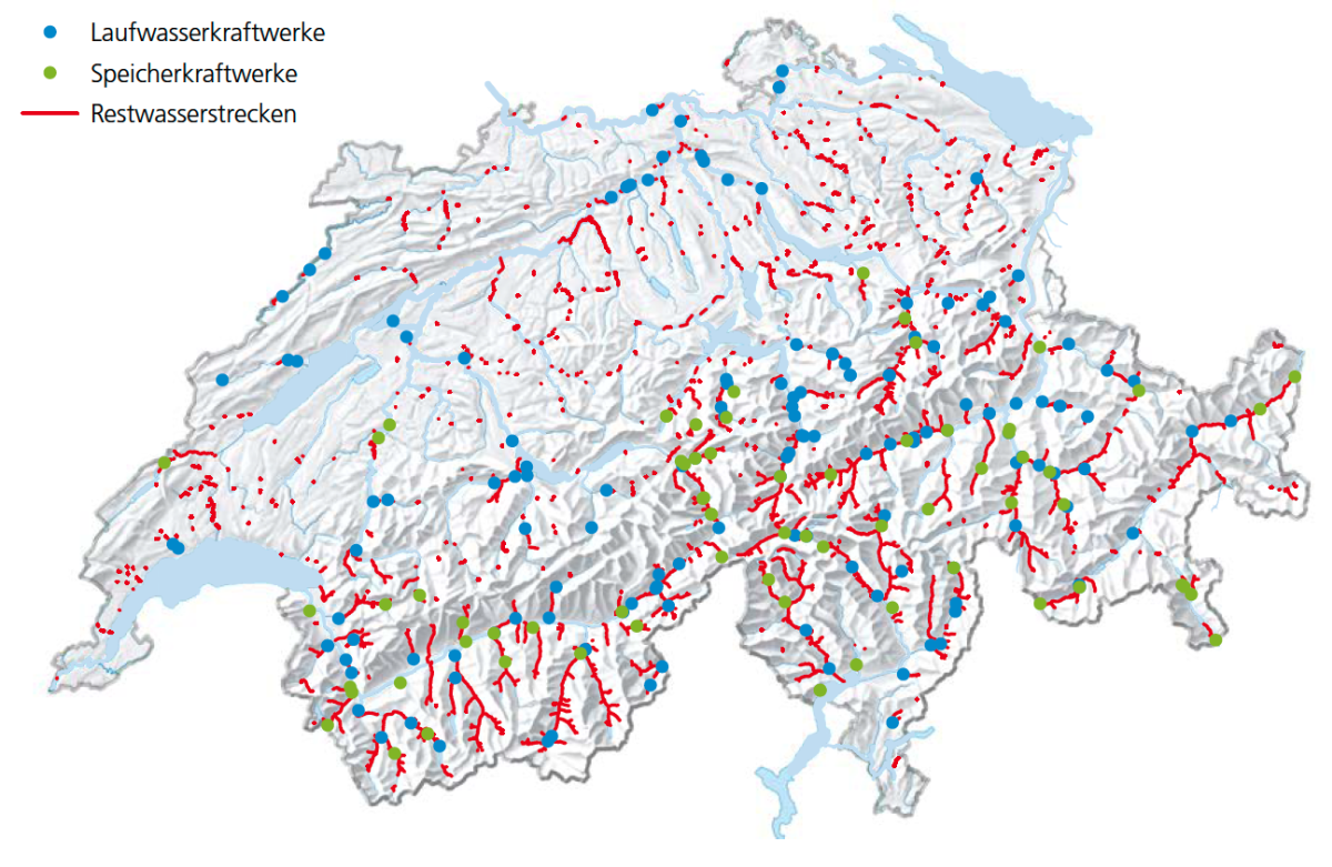 Karte der Schweiz mit Punkten für Laufwasser- und Speicherkraftwerke und Linien für Restwasserstrecken