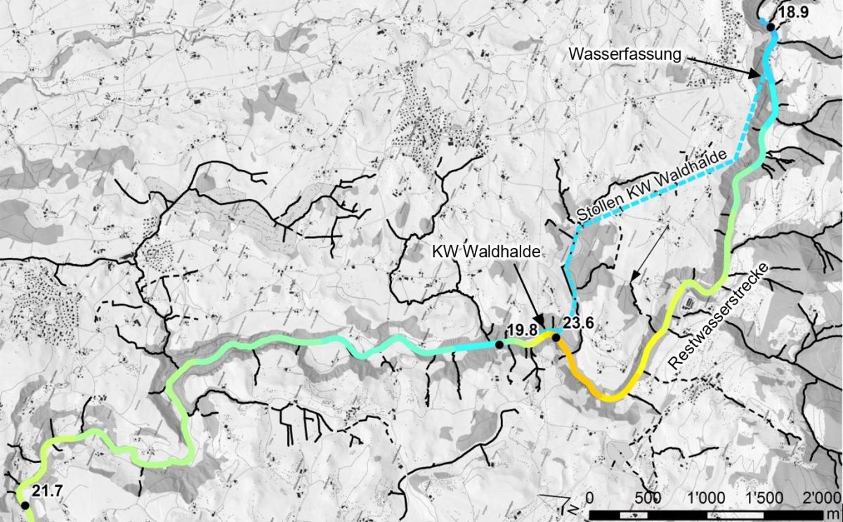 Karte des Temperaturverlaufs an der Sihl im August 2019